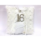 Sweet 16 White Satin Pillow with Embroidery and Rhinestone Number 